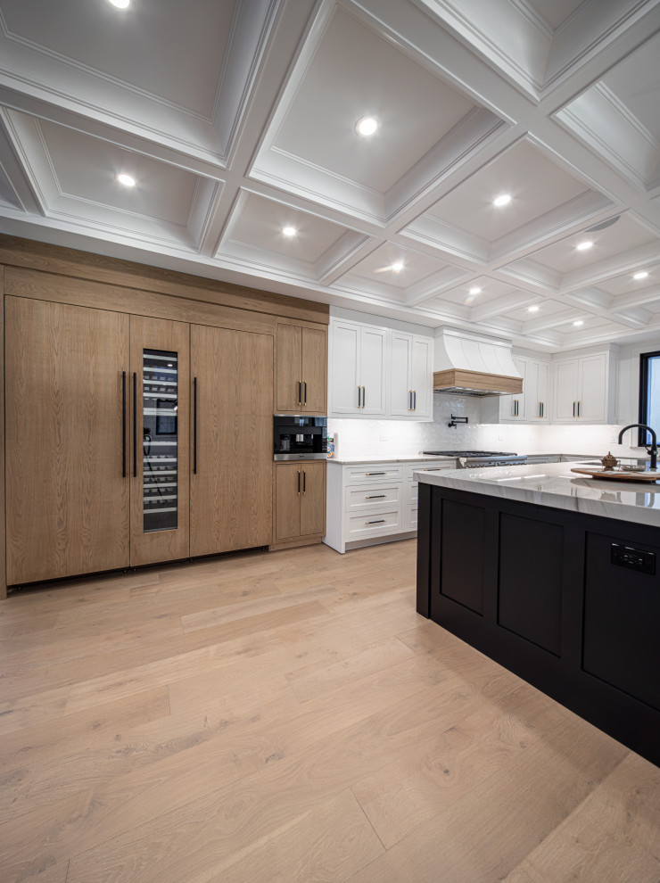 Design ideas for a large classic galley kitchen in Chicago with a single-bowl sink, beaded cabinets, white cabinets, marble worktops, white splashback, brick splashback, integrated appliances, dark hardwood flooring, an island, brown floors, grey worktops and a coffered ceiling.