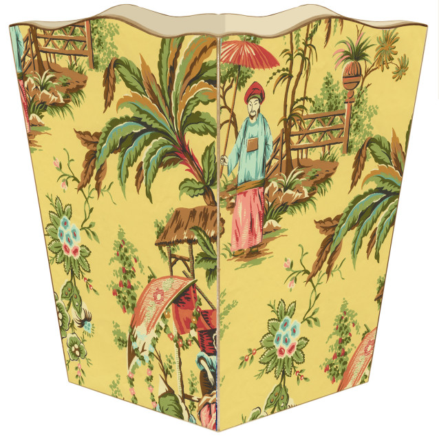 Yellow Chinoiserie Wastepaper Scalloped Basket main image 1