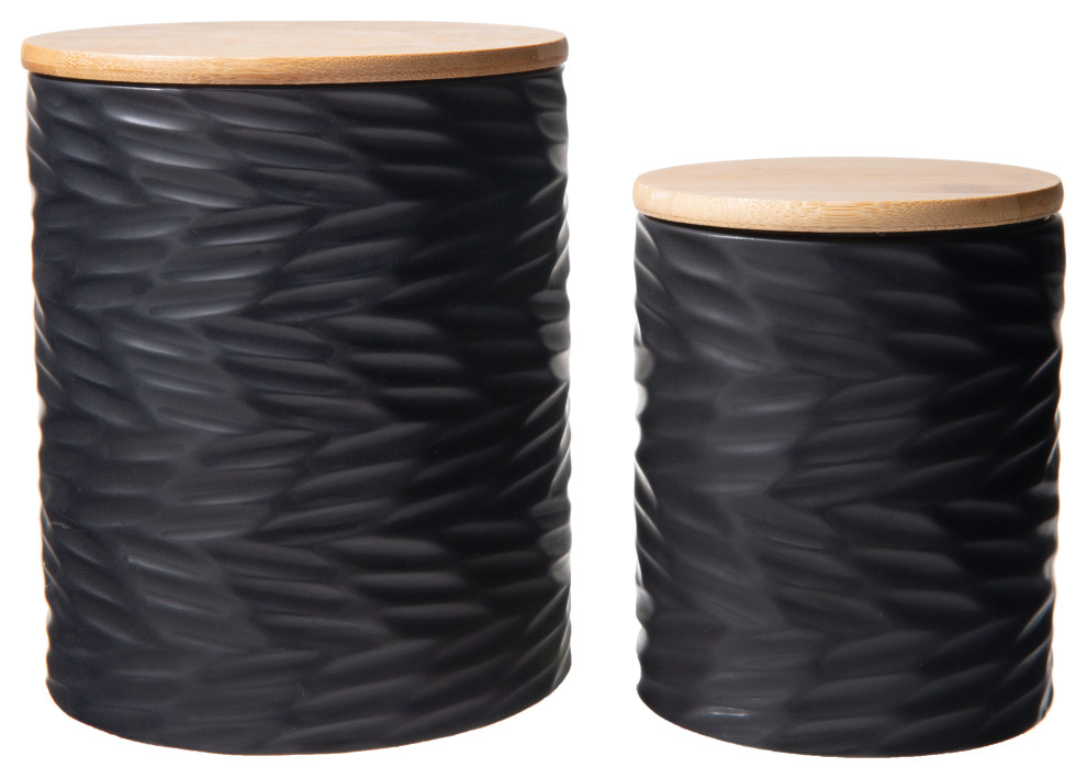 Round Ceramic Canister With Bamboo Lid Matte Black Finish Set Of 2   Home Design 