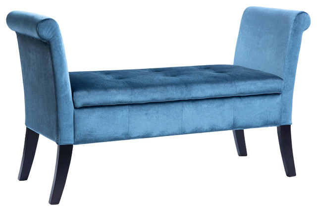 Corliving Antonio Storage Bench With Scrolled Arms, Blue Velvet