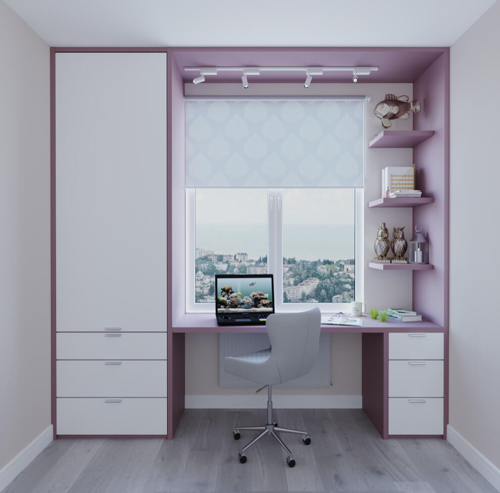 Дизайн шкафа и рабочего места у окна