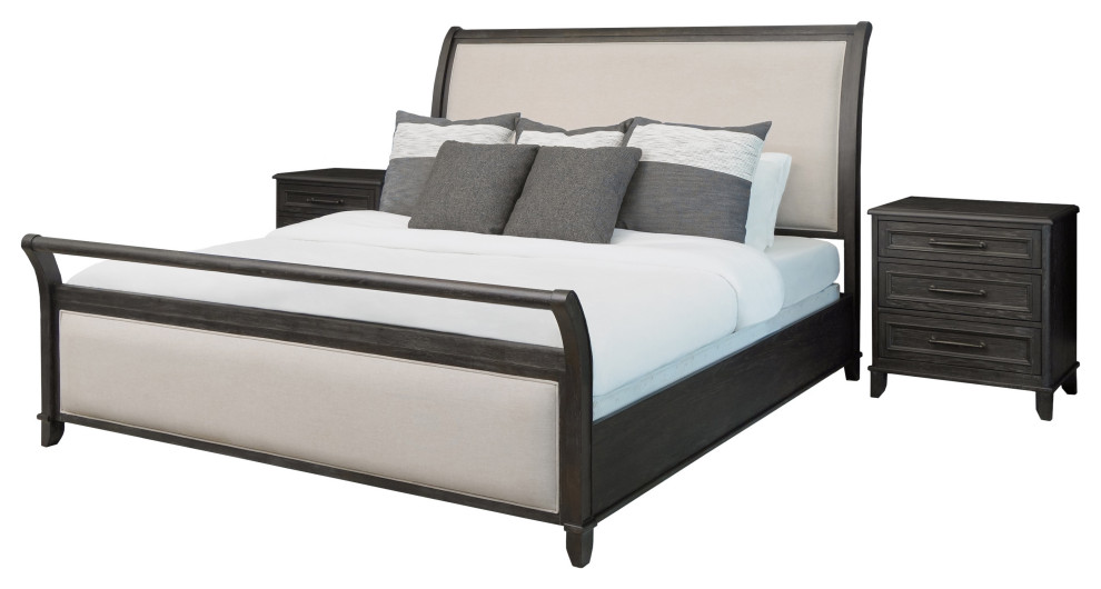 Cindi 3PieceSleigh Bedroom Set, Gray, Queen Transitional Bedroom