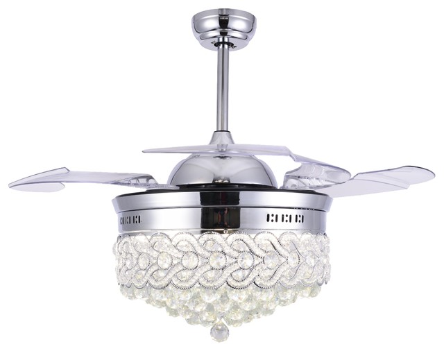 Dimmable Modern Crystal Ceiling Fan With Led Light Retractable Chandelier Fan