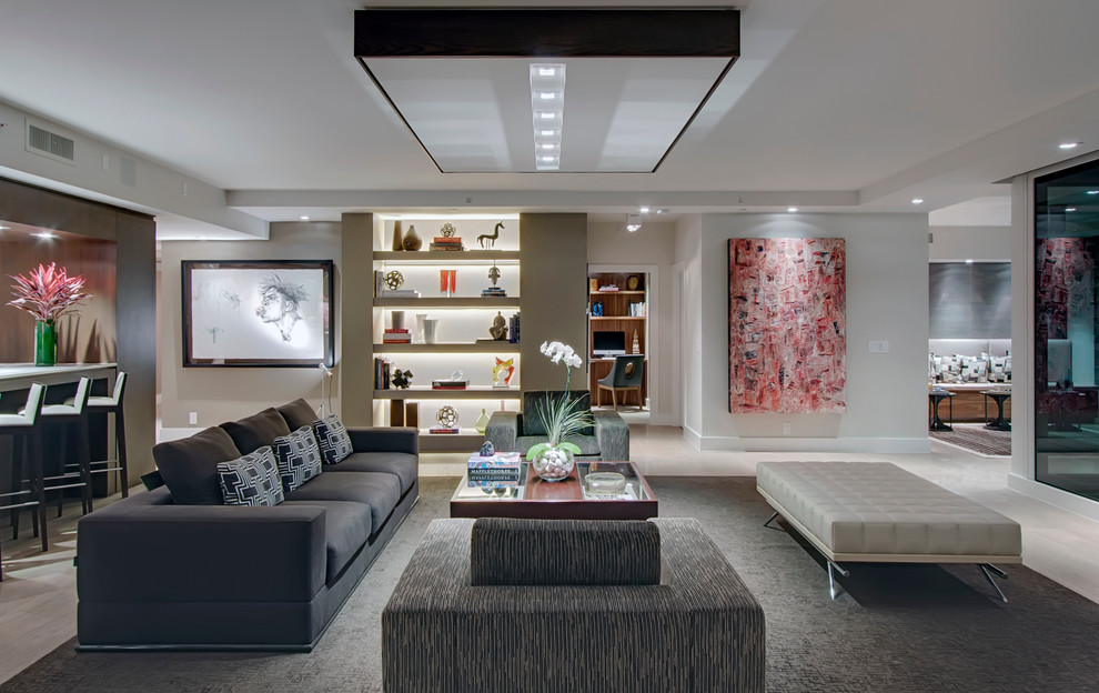 Inspiration for a mid-sized contemporary formal open concept living room in Miami with grey walls and ceramic floors.