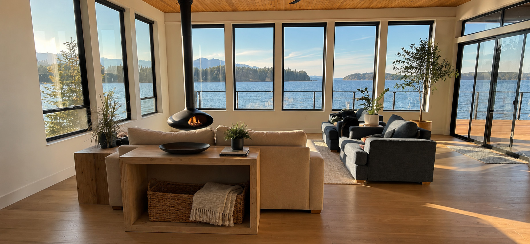 Modern Waterfront Living Room with Panoramic Views