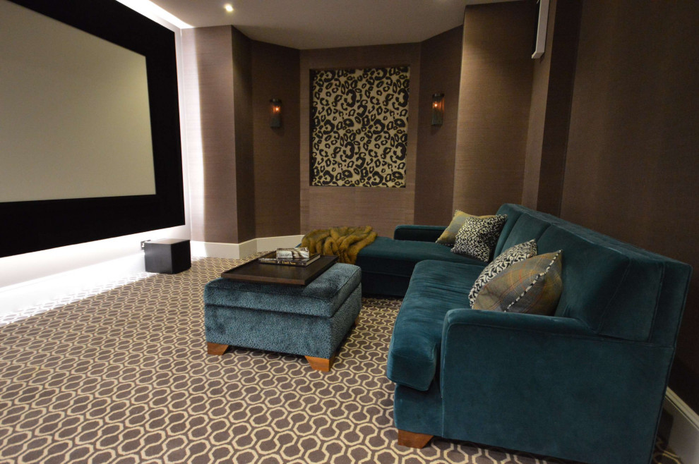 Inspiration for a mid-sized contemporary enclosed home theatre in London with brown walls, carpet and a projector screen.