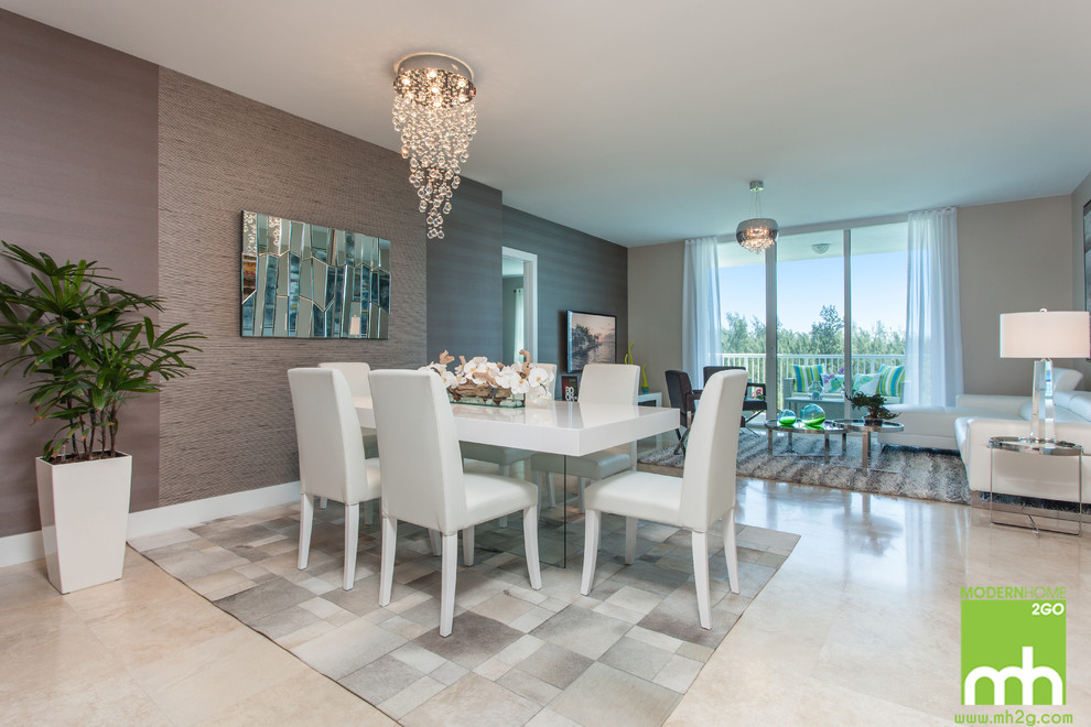 Design ideas for a mid-sized modern open plan dining in Miami with multi-coloured walls and marble floors.
