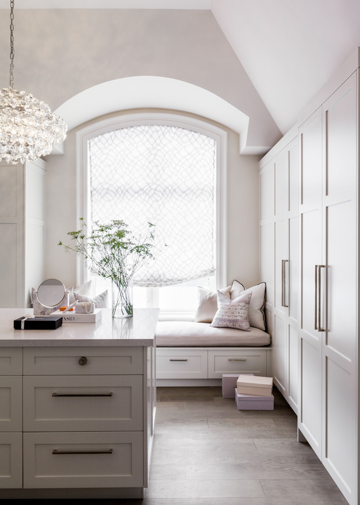 Closet - transitional dark wood floor and brown floor closet idea in Toronto with shaker cabinets and gray cabinets