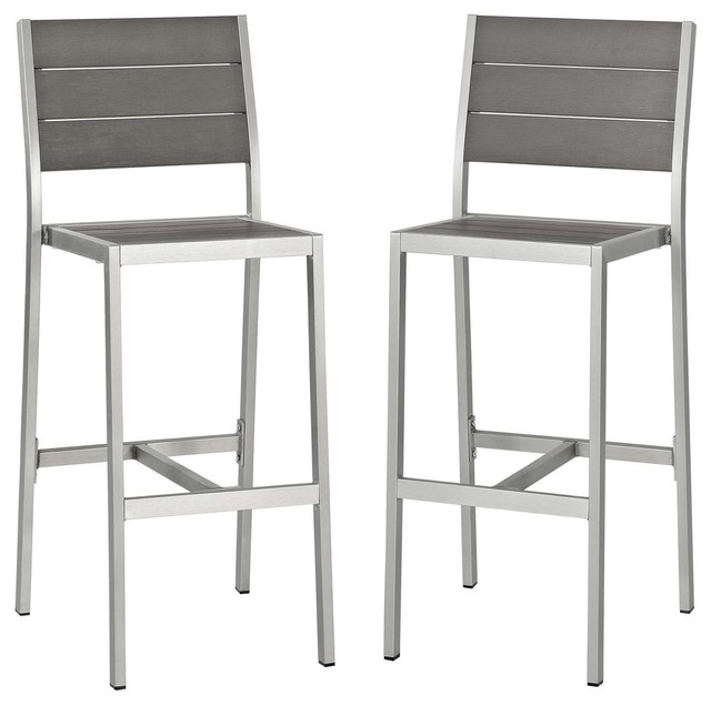 Modern Outdoor Bar Stool Set, Set of 2, Aluminum Metal, Gray