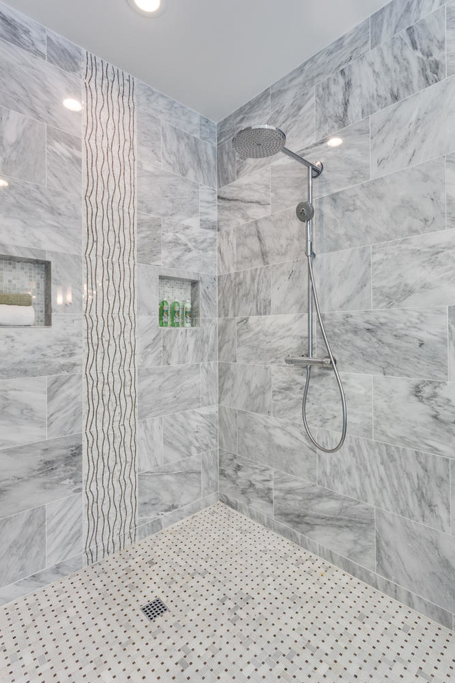 Inspiration for a large contemporary master bathroom in DC Metro with a freestanding tub, a corner shower, an undermount sink, white tile, mosaic tile floors, furniture-like cabinets, grey cabinets, stone tile, green walls and marble benchtops.