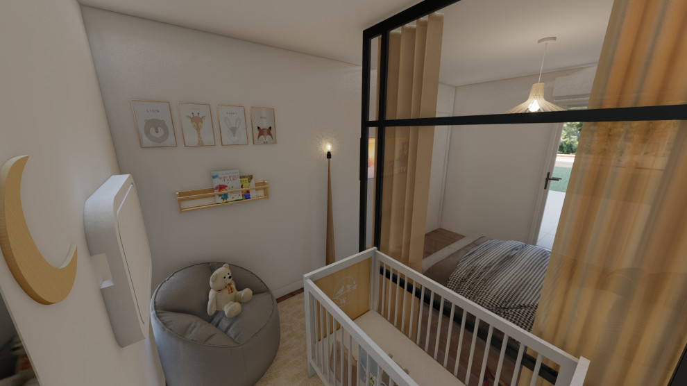 Aménagement d'une petite chambre de bébé moderne avec un mur blanc, sol en stratifié et un sol marron.