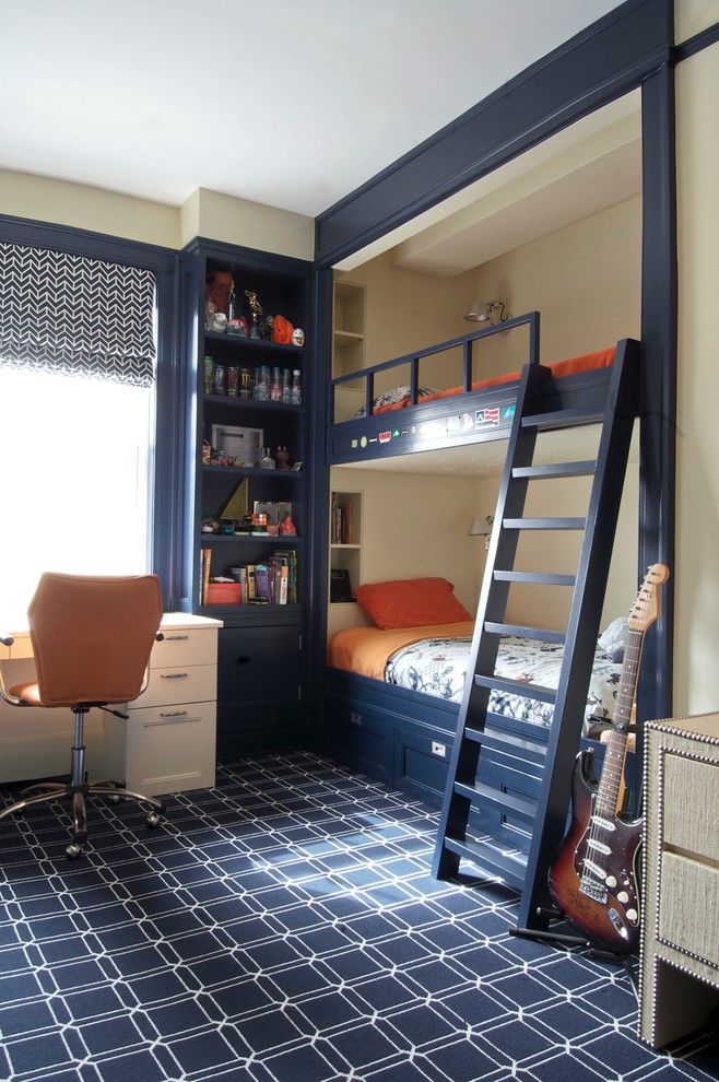 Design ideas for a mid-sized transitional kids' bedroom for kids 4-10 years old and boys in New York with beige walls, carpet and blue floor.