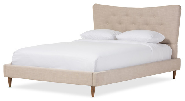 Hannah Mid-Century Modern Linen Platform Bed, Beige, Queen