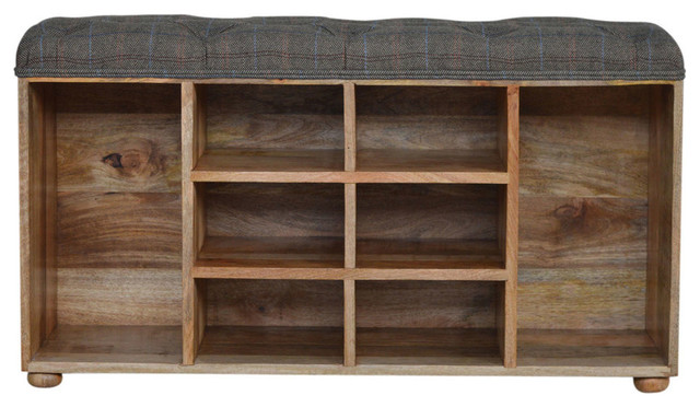 Shoe Cabinet With Upholstered Seat, Oak Finish Mango Wood