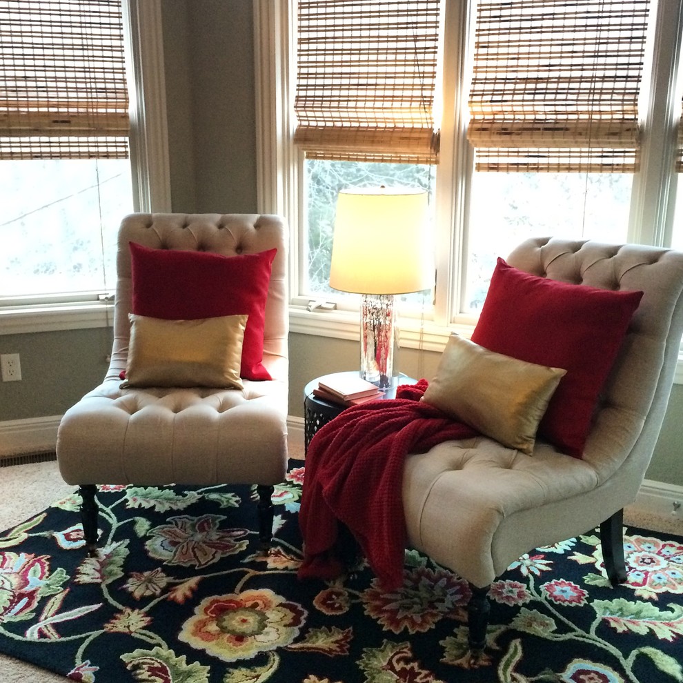 Inspiration for a large transitional master carpeted bedroom remodel with beige walls and no fireplace