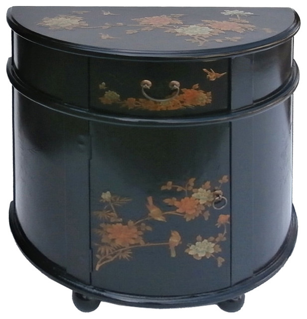 Black Half Moon Shape Chinese Leather Gold Flower Bird Painting Side Black Half Moon Shape Chinese Leather Gold Flower Bird Painting Side Cabinet