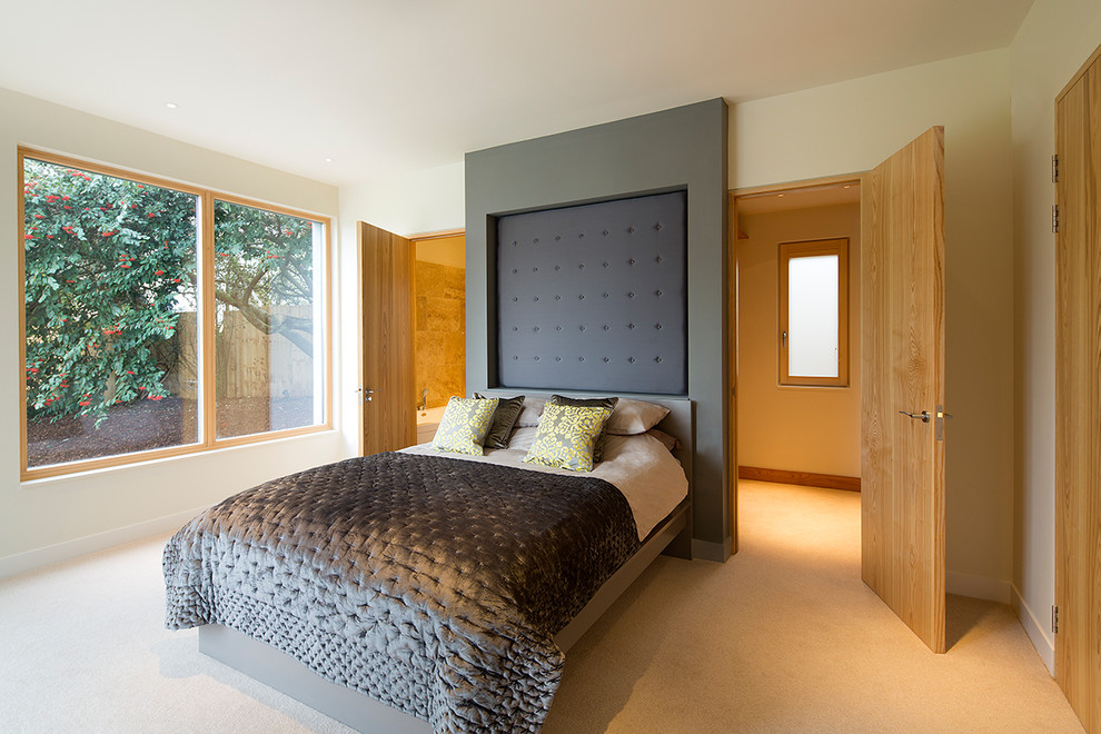 This is an example of a transitional bedroom in Other with beige walls, carpet and beige floor.