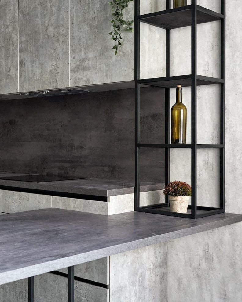 Inspiration for a medium sized urban grey and white u-shaped open plan kitchen in Moscow with a built-in sink, recessed-panel cabinets, grey cabinets, wood worktops, grey splashback, wood splashback, black appliances, medium hardwood flooring, a breakfast bar, grey floors and grey worktops.