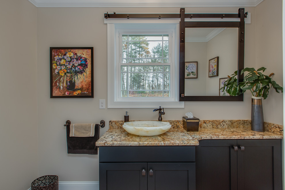 This is an example of a large transitional 3/4 bathroom in Boston with shaker cabinets, black cabinets, a vessel sink, granite benchtops, beige walls, terra-cotta floors and red floor.