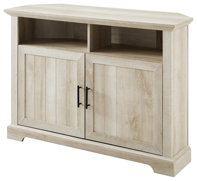 Farmhouse Corner TV Stand, Grooved Doors and Open Compartments, White