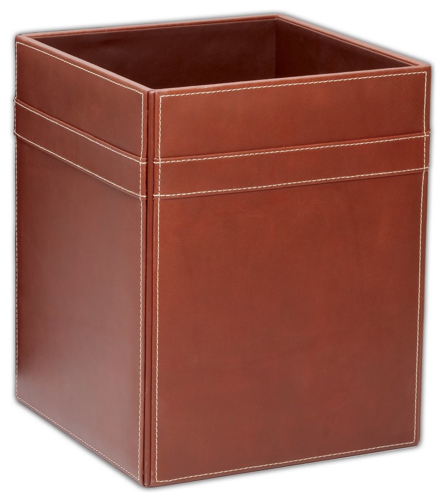 A3203 Rustic Brown Leather Square Waste Basket Transitional