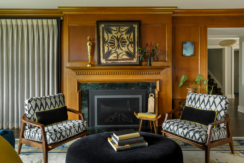 Inspiration for an eclectic formal living room in Seattle with brown walls, a standard fireplace and no tv.
