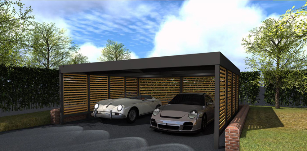 Photo of a mid-sized modern detached two-car carport in Buckinghamshire.