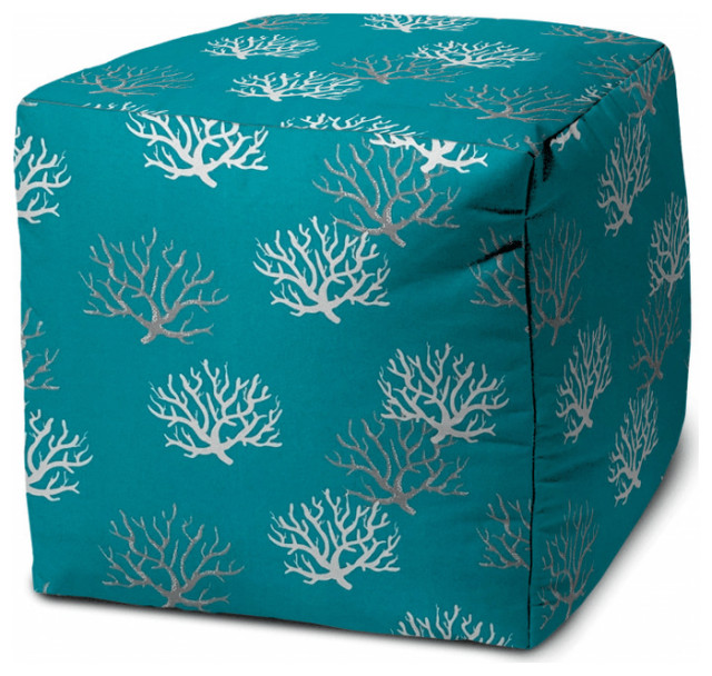 17" Blue and White Polyester Cube Coral Indoor Outdoor Pouf Ottoman