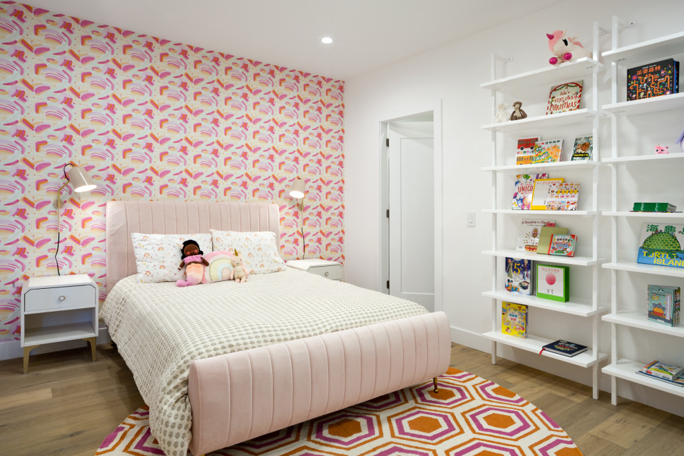 Contemporary kids' bedroom in Vancouver with a feature wall.