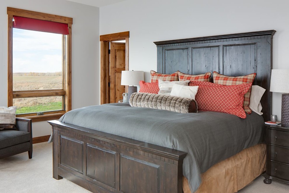 Inspiration for a mid-sized transitional guest bedroom in Other with white walls and carpet.