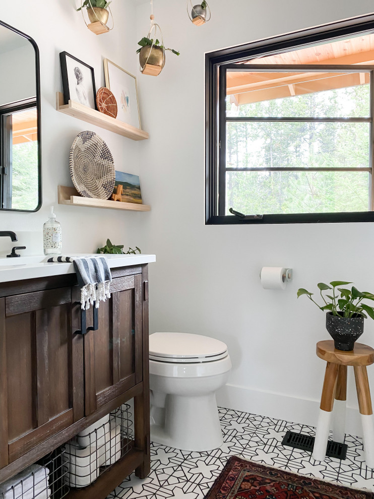 Design ideas for a mid-sized eclectic master bathroom in Portland with dark wood cabinets, an alcove tub, a shower/bathtub combo, white tile, ceramic tile, white walls, ceramic floors, white floor, a shower curtain, white benchtops, a niche and a single vanity.