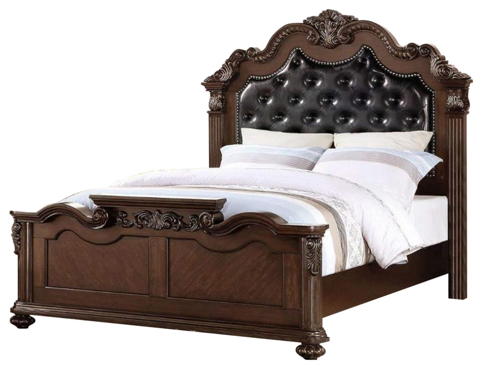 Ornated Carved and Upholstered Black PU Tufted Wooden Queen Bed
