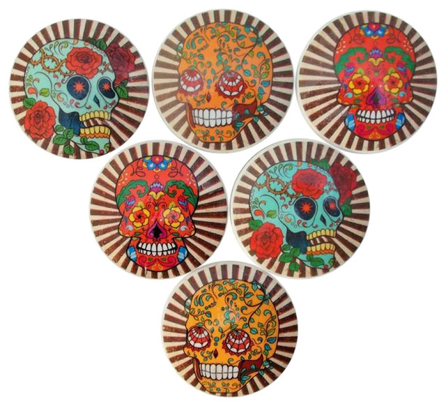 6 Piece Set Sugar Skull Starburst Oversized Cabinet Knobs Brown