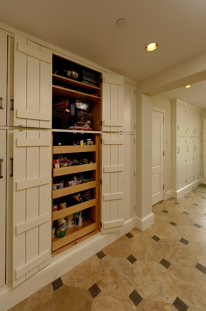 Inspiration for a mediterranean kitchen pantry in DC Metro with flat-panel cabinets and porcelain floors.