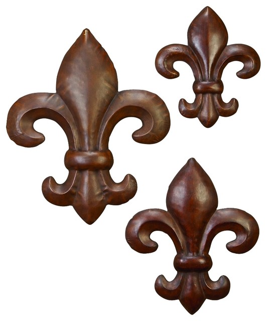 3 Piece Classic Style Metal Fleur De Lis Wall Statue Brown