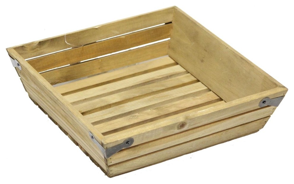 Natural Wood Small Shallow Square Crate With Metal Corner Design