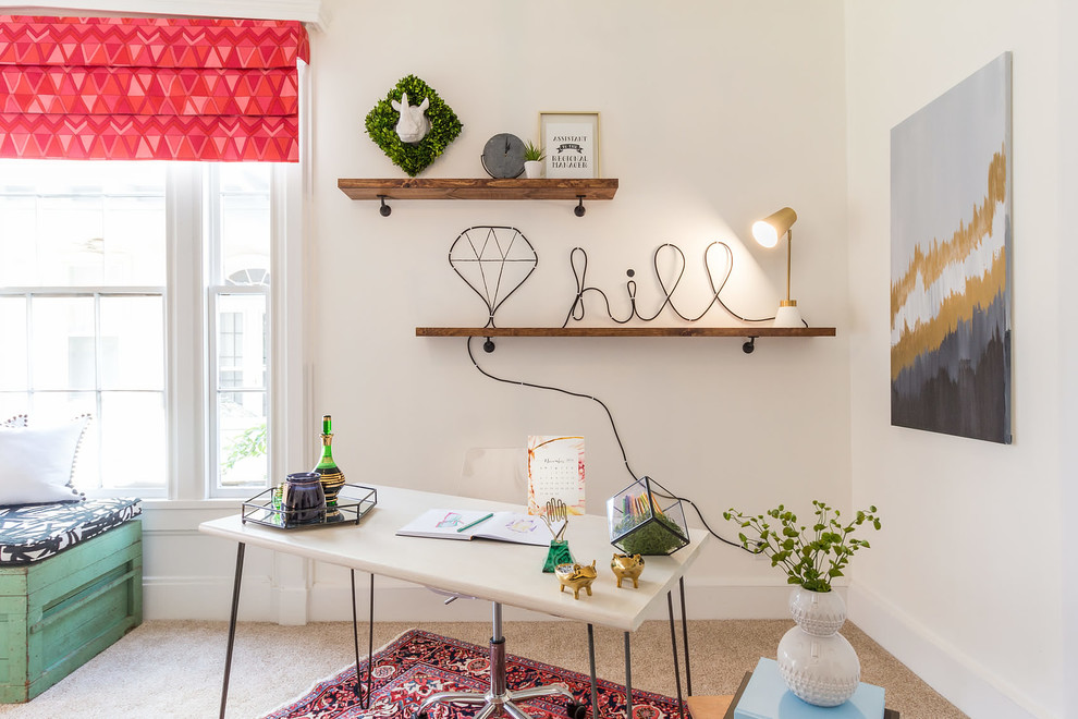 Mid-sized contemporary study room in Other with white walls, carpet and a freestanding desk.