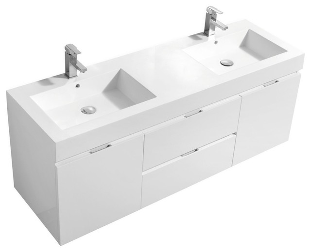 Bliss 60" Double Sink High Gloss White Wall Mount Modern Bathroom Vanity