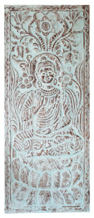 Consigned Bluewash Carved Buddha Barndoor, Wall Art, Sliding Barn Door