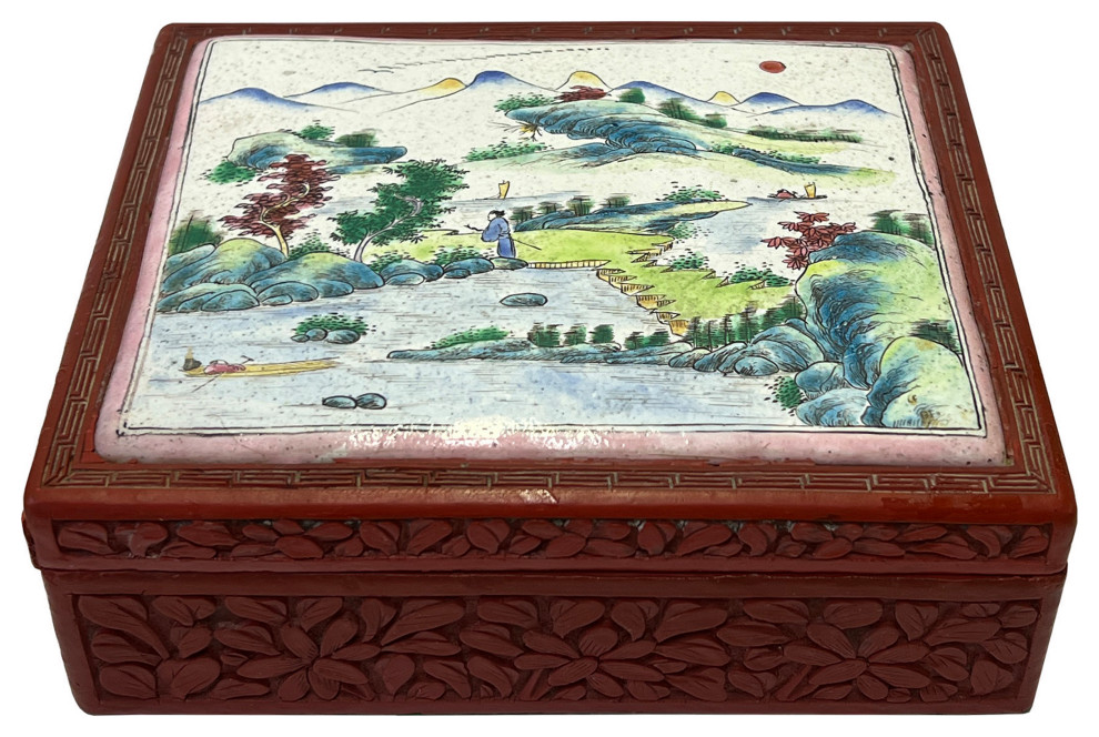 Vintage Chinese Red Resin Lacquer Rectangular Floral Carving Accent Box