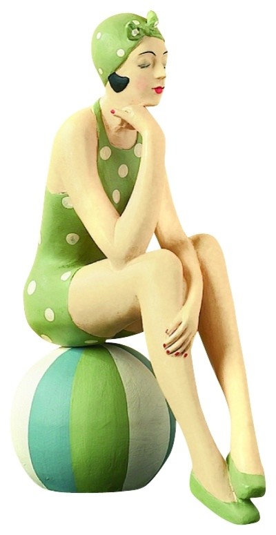 Retro Bathing Beauty Figurine Statue Swim Suit Beach Ball Green Polka Dot Beach Style