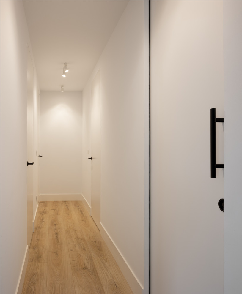 Idee per un grande ingresso o corridoio moderno con pareti bianche, pavimento in laminato e pavimento marrone