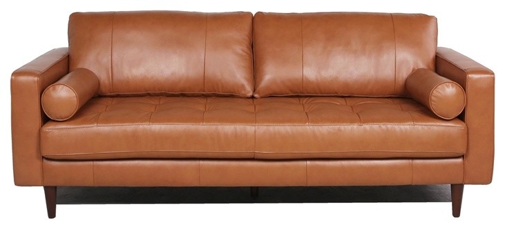 Maklaine Midcentury Modern Leather Sofa, Kassidy Top Grain Leather Sofa