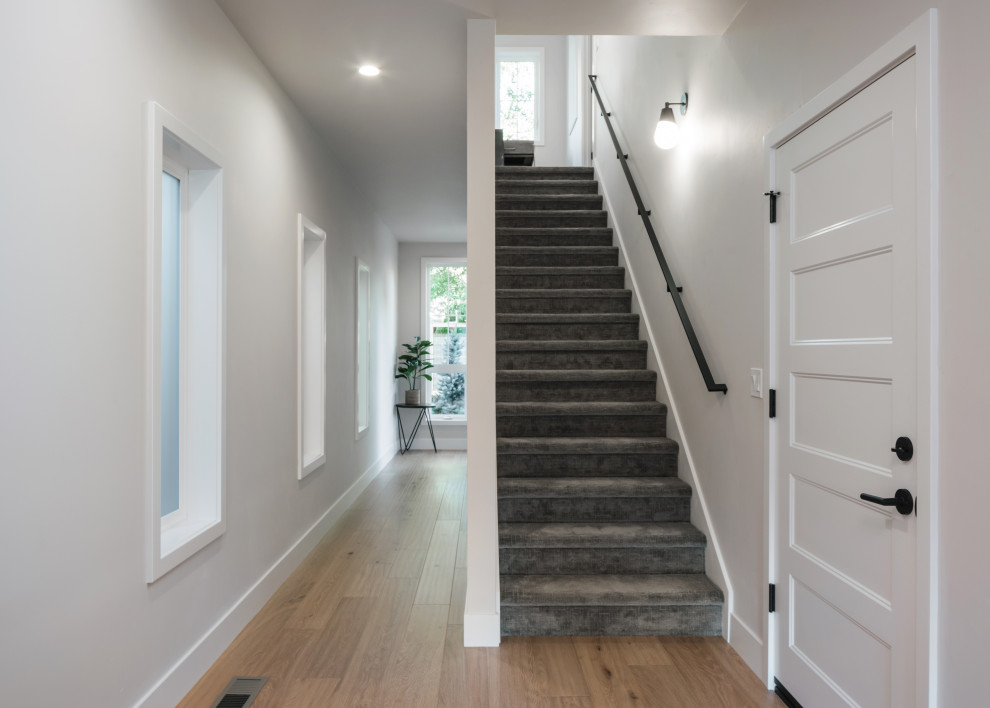 Photo of a mid-sized modern hallway in Other with white walls, light hardwood floors and brown floor.