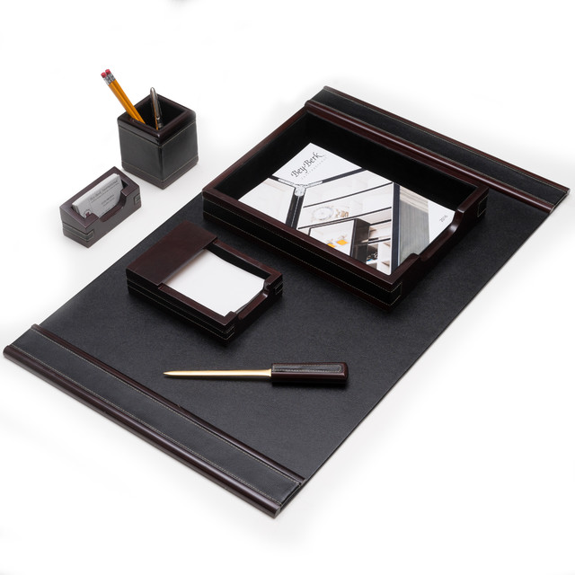 6 Piece Cherry Wood And Black Leather Desk Set Traditional