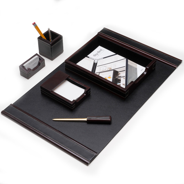 6 Piece "Cherry" Wood and Black Leather Desk Set Traditional Desk