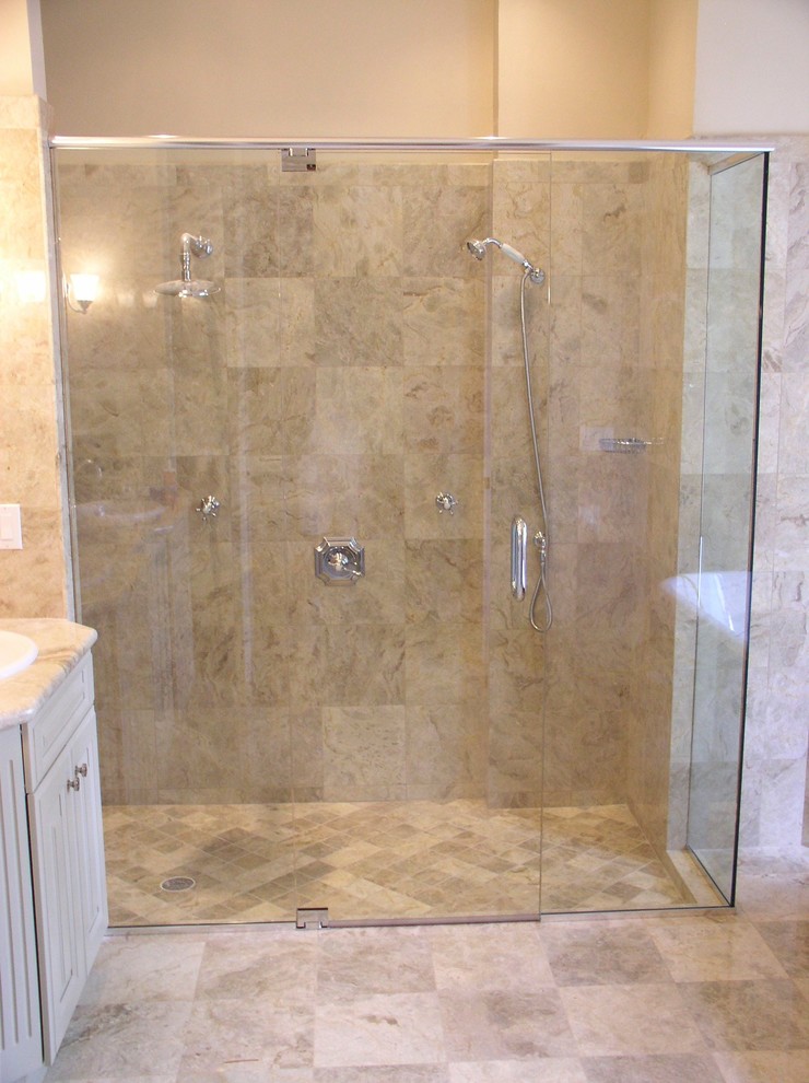 Alcove shower - transitional 3/4 beige tile and ceramic tile ceramic tile and beige floor alcove shower idea with beige walls and a hinged shower door