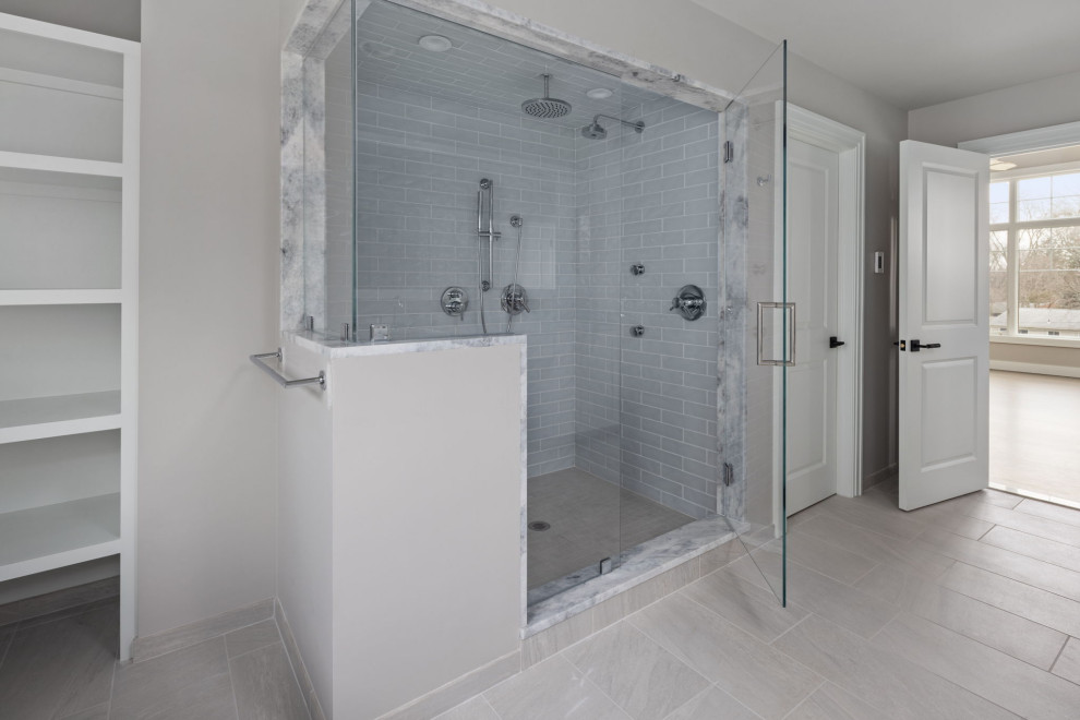 Design ideas for a classic bathroom in Detroit with shaker cabinets, white cabinets, glass tiles, ceramic flooring, a submerged sink, quartz worktops and a built in vanity unit.