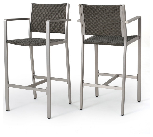 GDF Studio Capral Outdoor Gray Wicker Bar Stools, Set of 2 Tropical