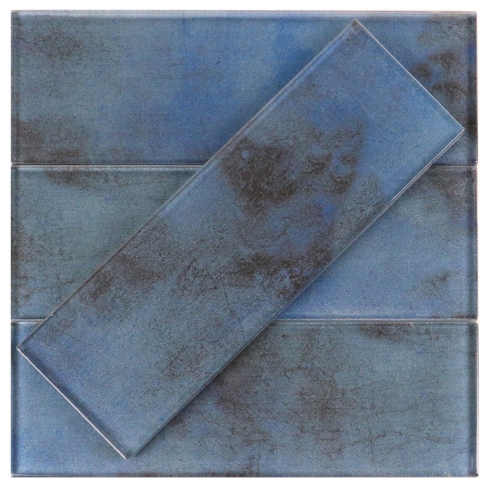 Dark Blue Glass Subway Tile, Sample Contemporary Wall And Floor